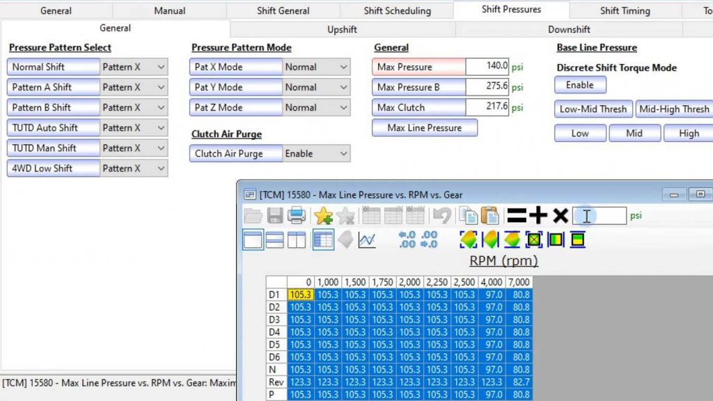 Table in VCM Suite showing Transmission Line Pressure