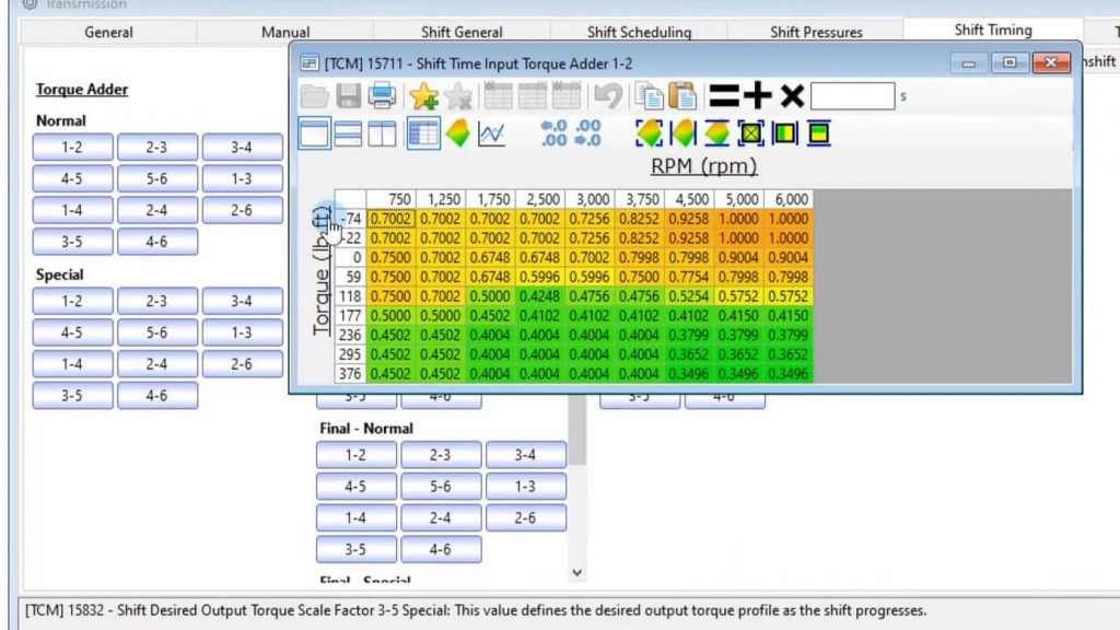 Screenshot of VCM Editor showing transmission commanded shift times