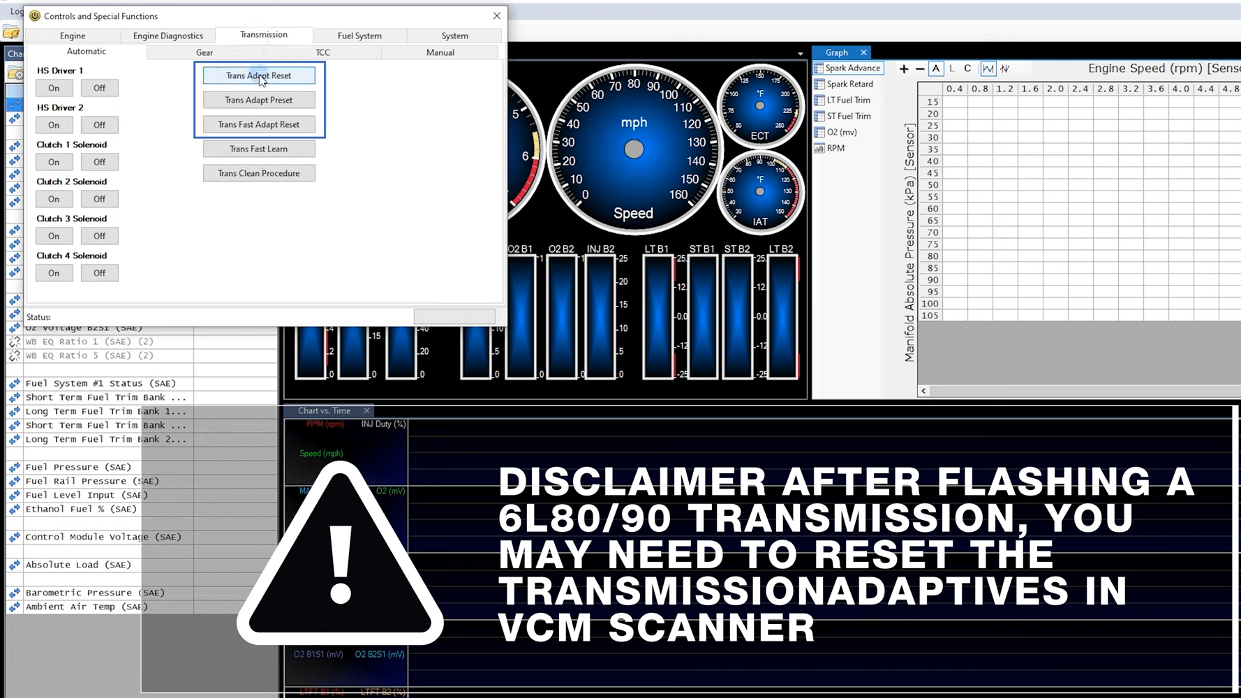 Screenshot of VCM Scanner displaying where/how to reset Trans Adapt functions